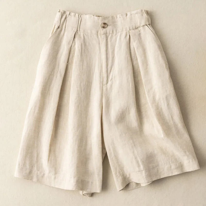 Buddha Stones Casual Solid Color Button Zipper Cotton Linen Women's Shorts With Pockets - Beige - US12，UK/AU16，EU44 (3XL) - image 0