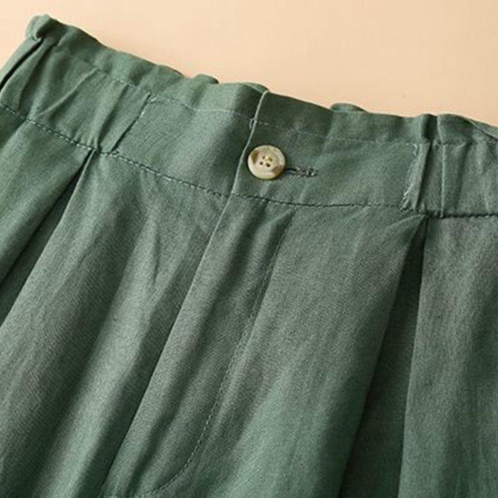 Buddha Stones Plain Color Pleated Zipper Button Cotton Linen Women's Shorts With Pockets - image 16