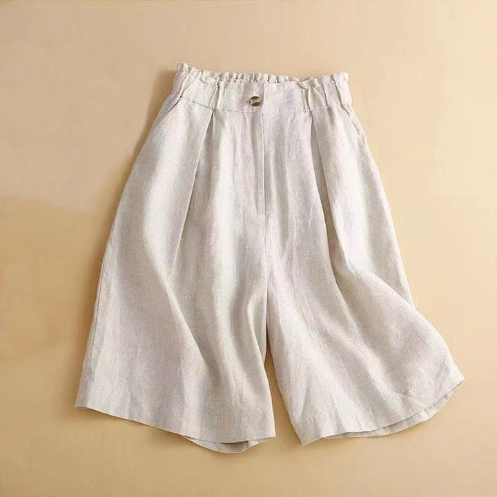 Buddha Stones Plain Color Pleated Zipper Button Cotton Linen Women's Shorts With Pockets - Beige - US12，UK/AU16，EU44 (3XL) - image 10