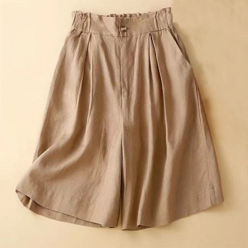Buddha Stones Plain Color Pleated Zipper Button Cotton Linen Women's Shorts With Pockets - Goldenrod - US12，UK/AU16，EU44 (3XL) - image 0