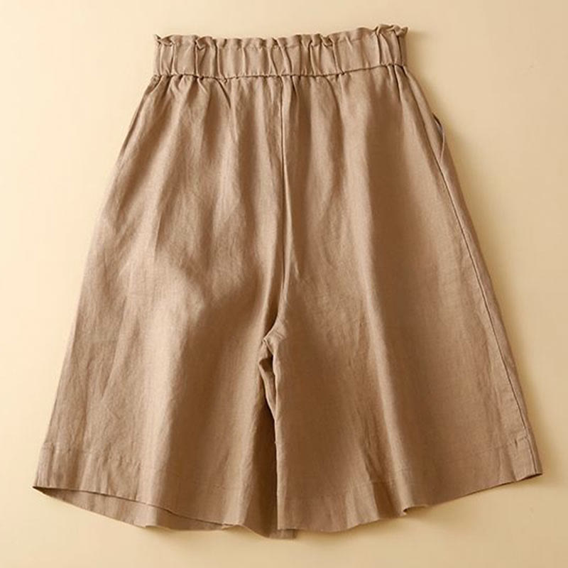 Buddha Stones Plain Color Pleated Zipper Button Cotton Linen Women's Shorts With Pockets - image 2