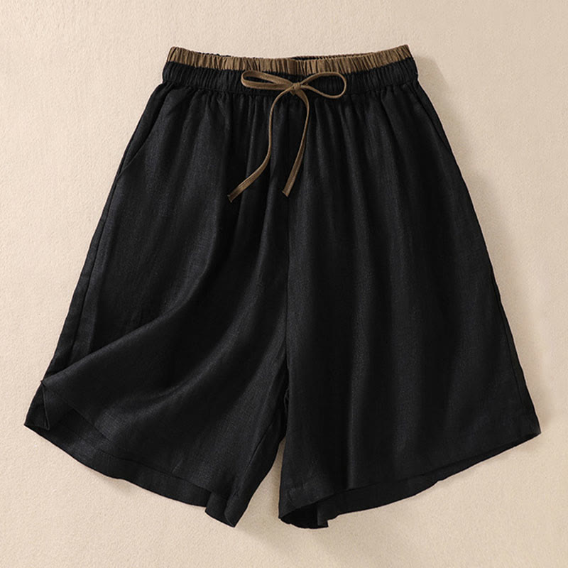 Buddha Stones Solid Color Contrast Color Waist Lace-up Cotton Linen Women's Shorts With Pockets - image 9