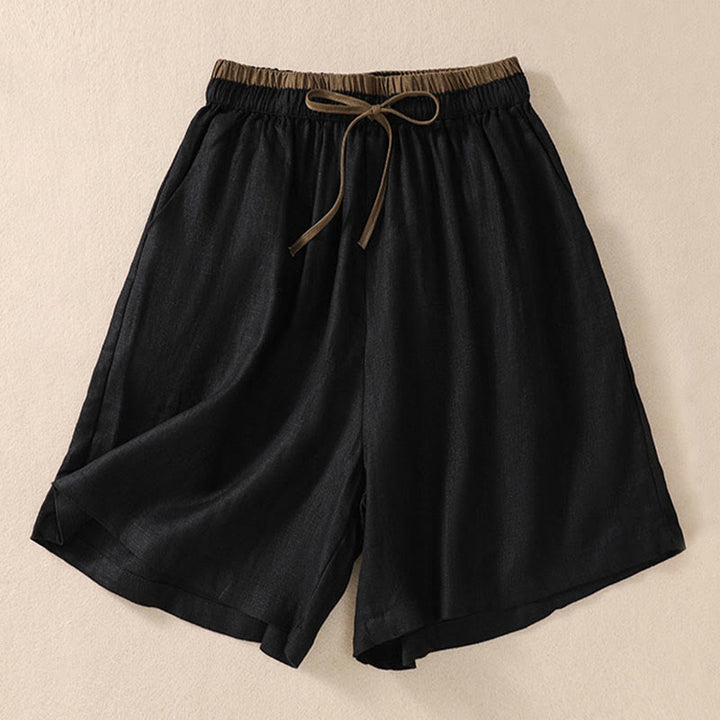Buddha Stones Solid Color Contrast Color Waist Lace-up Cotton Linen Women's Shorts With Pockets - image 9