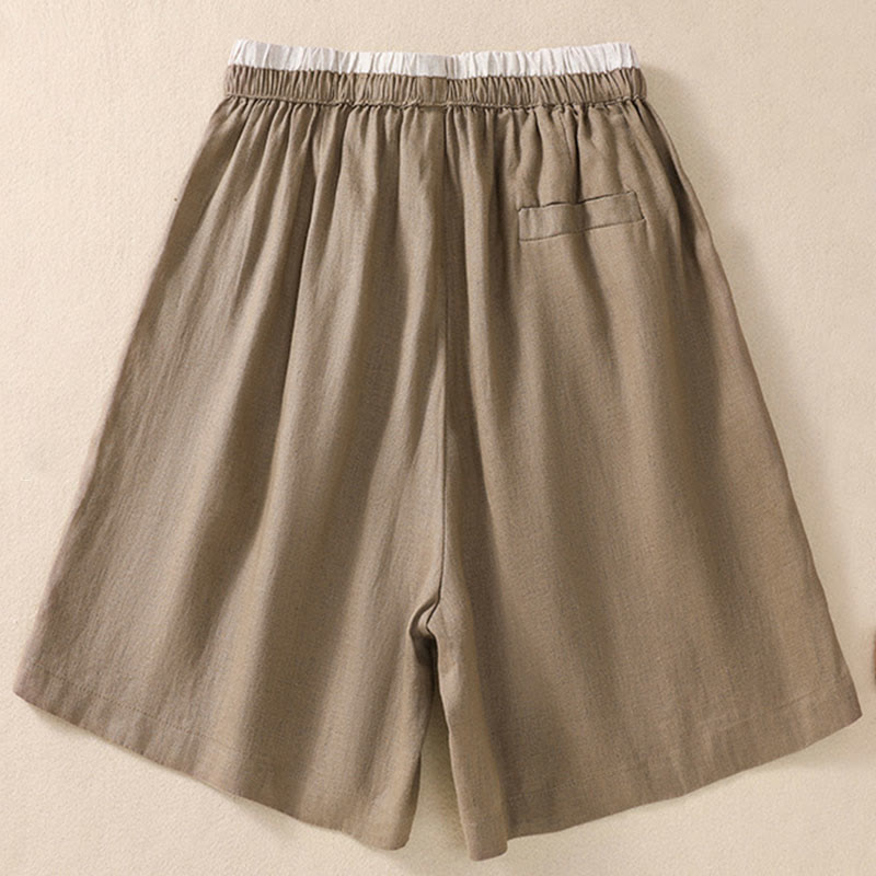 Buddha Stones Solid Color Contrast Color Waist Lace-up Cotton Linen Women's Shorts With Pockets - image 2