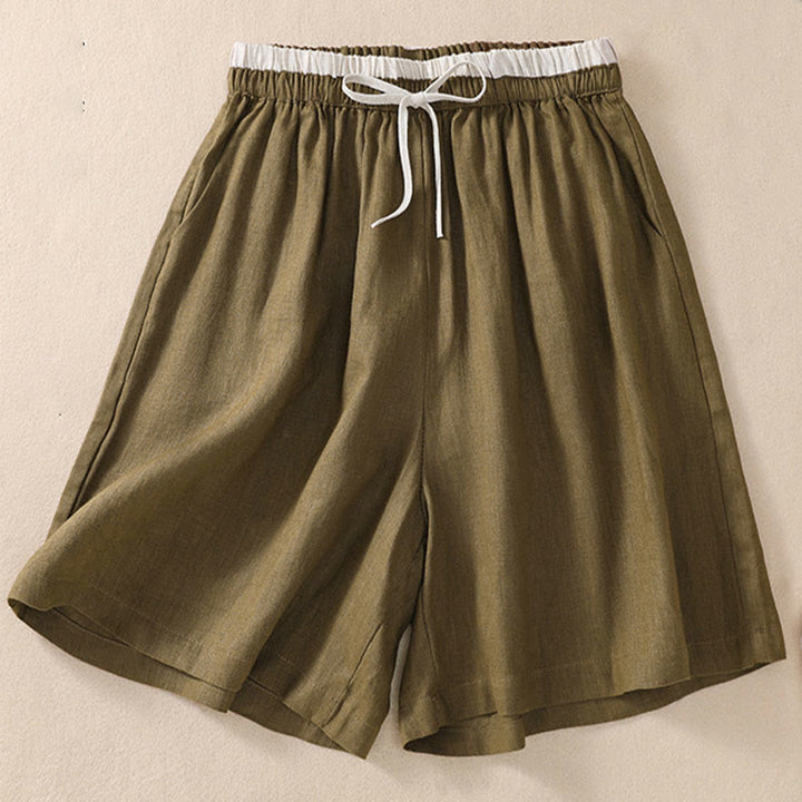 Buddha Stones Solid Color Contrast Color Waist Lace-up Cotton Linen Women's Shorts With Pockets - image 13
