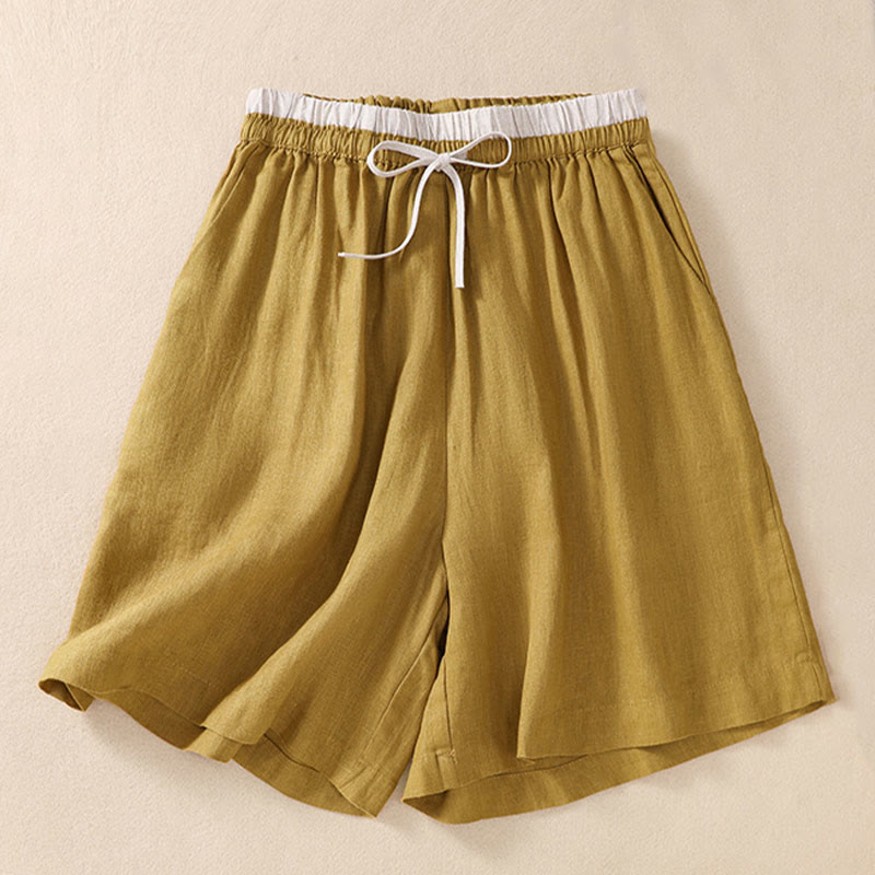 Buddha Stones Solid Color Contrast Color Waist Lace-up Cotton Linen Women's Shorts With Pockets - image 18