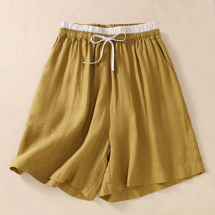 Buddha Stones Solid Color Contrast Color Waist Lace-up Cotton Linen Women's Shorts With Pockets - image 18