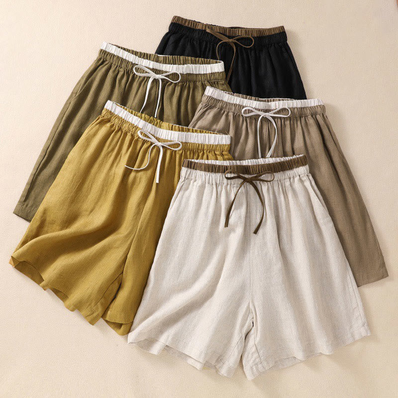 Buddha Stones Solid Color Contrast Color Waist Lace-up Cotton Linen Women's Shorts With Pockets - image 0