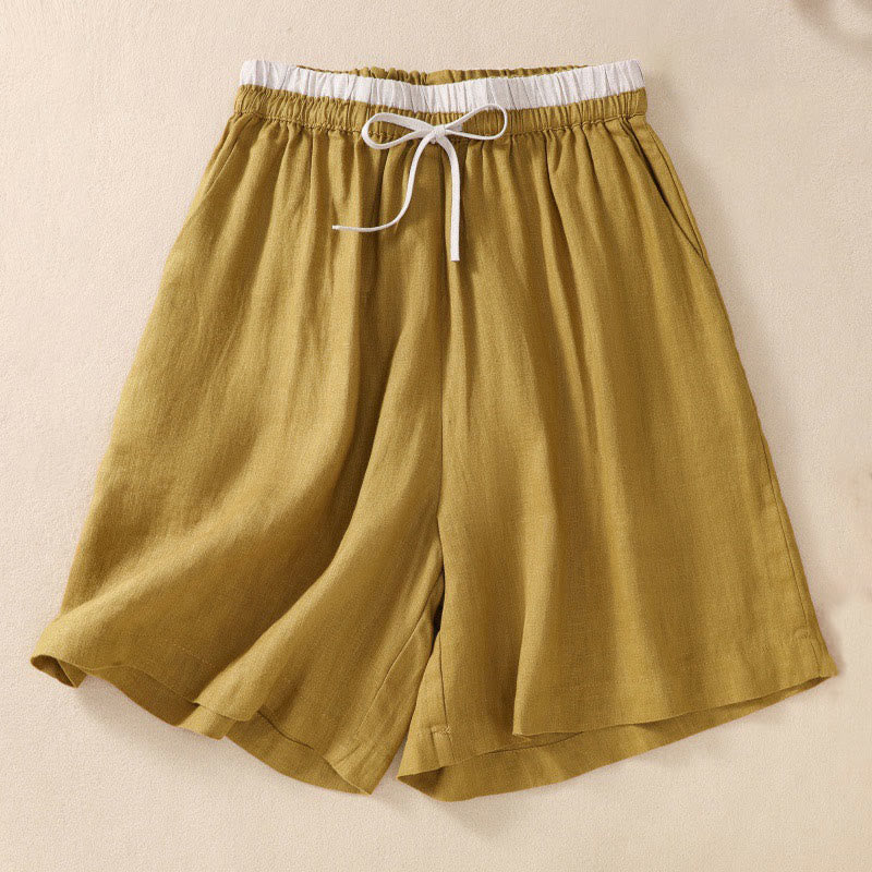 Buddha Stones Solid Color Contrast Color Waist Lace-up Cotton Linen Women's Shorts With Pockets - image 21