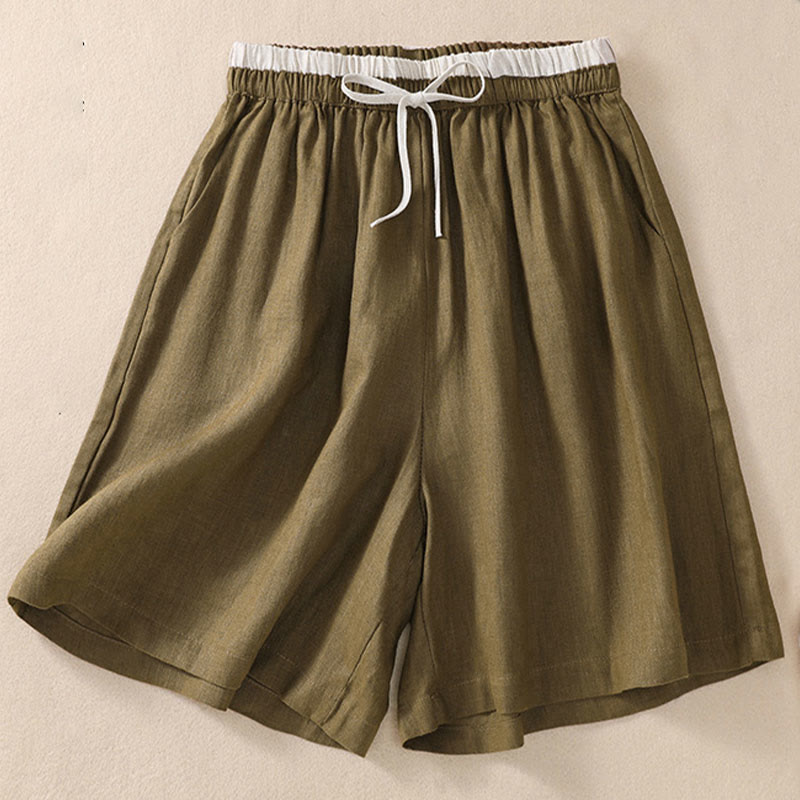 Buddha Stones Solid Color Contrast Color Waist Lace-up Cotton Linen Women's Shorts With Pockets - image 13
