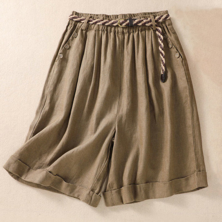 Buddha Stones Casual Solid Color Turn Up Cuff Belt Cotton Linen Women's Shorts With Pockets - DarkKhaki - US8-10，UK/AU12-14，EU40-42 (2XL) - image 0