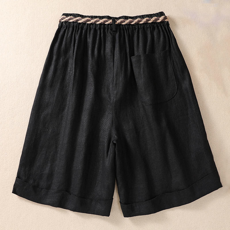 Buddha Stones Casual Solid Color Turn Up Cuff Belt Cotton Linen Women's Shorts With Pockets - image 9