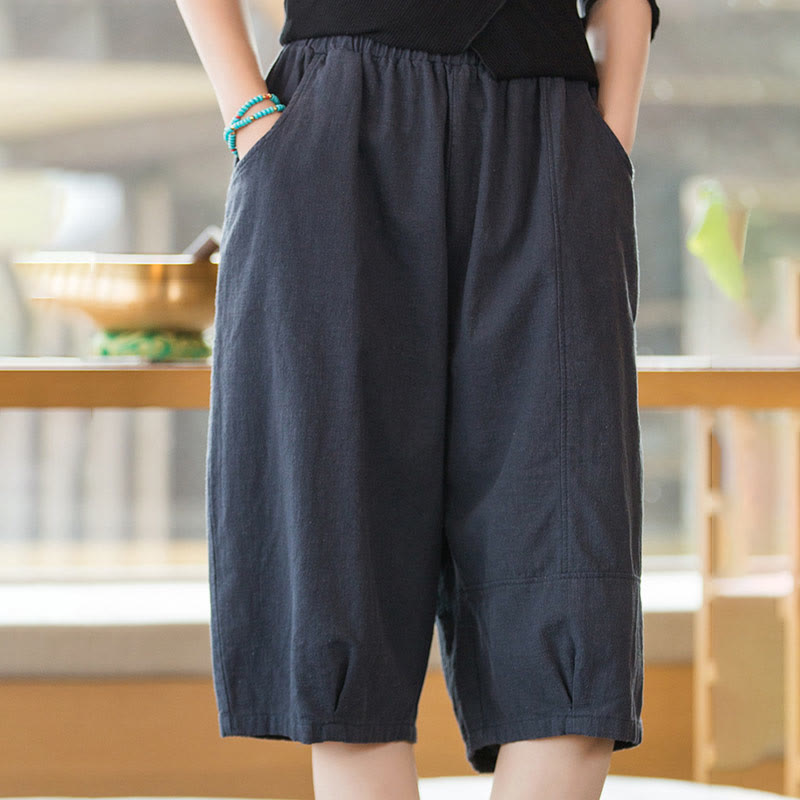 Buddha Stones Casual Plain Color Cotton Ramie Women's Shorts With Pockets - DarkBlue - US4-6，UK/AU8-10，EU36-38 (F) - image 13