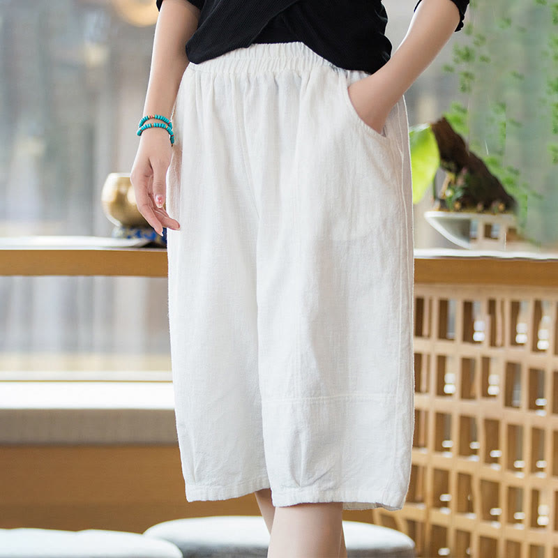 Buddha Stones Casual Plain Color Cotton Ramie Women's Shorts With Pockets - White - US4-6，UK/AU8-10，EU36-38 (F) - image 6