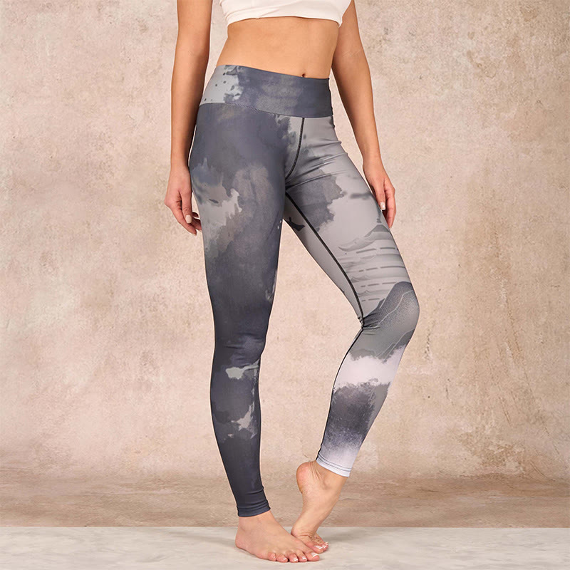 Buddha Stones Ink Painting Mountain Pavilion Print Fitness Leggings Women's Yoga Pants - Gray - US18，UK/AU22，EU50 (4XL) - image 0