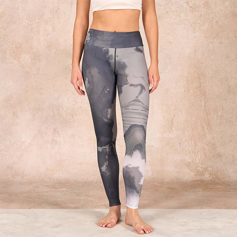 Buddha Stones Ink Painting Mountain Pavilion Print Fitness Leggings Women's Yoga Pants - image 1
