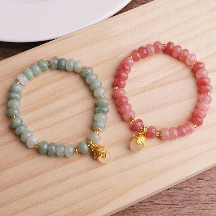 Buddha Stones Strawberry Quartz Cyan Jade Lucky Cat Beads Healing Bracelet - image 19