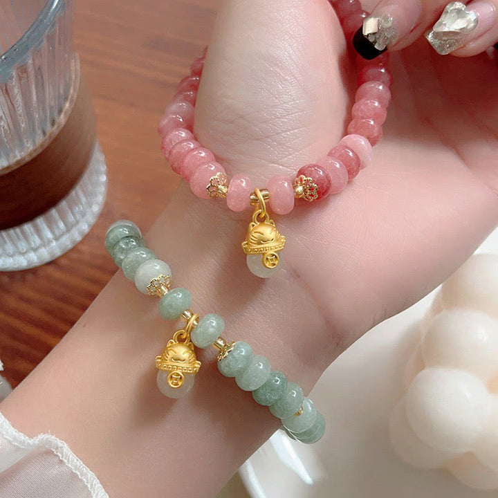 Buddha Stones Strawberry Quartz Cyan Jade Lucky Cat Beads Healing Bracelet - image 18