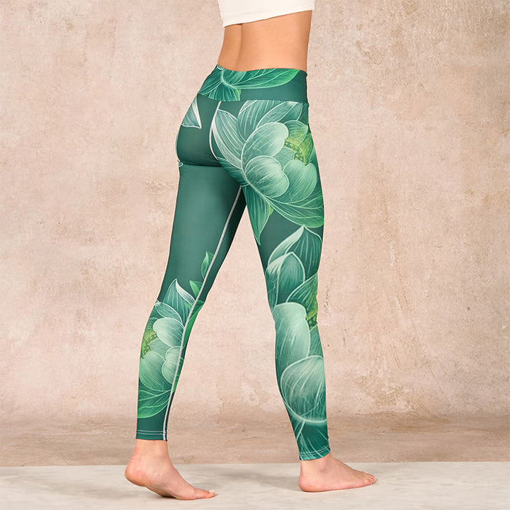 Buddha Stones Dark Green Lotus Flower Leaf Print Gym Fitness Leggings Women's Yoga Pants - image 3