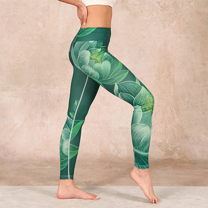 Buddha Stones Dark Green Lotus Flower Leaf Print Gym Fitness Leggings Women's Yoga Pants - image 12