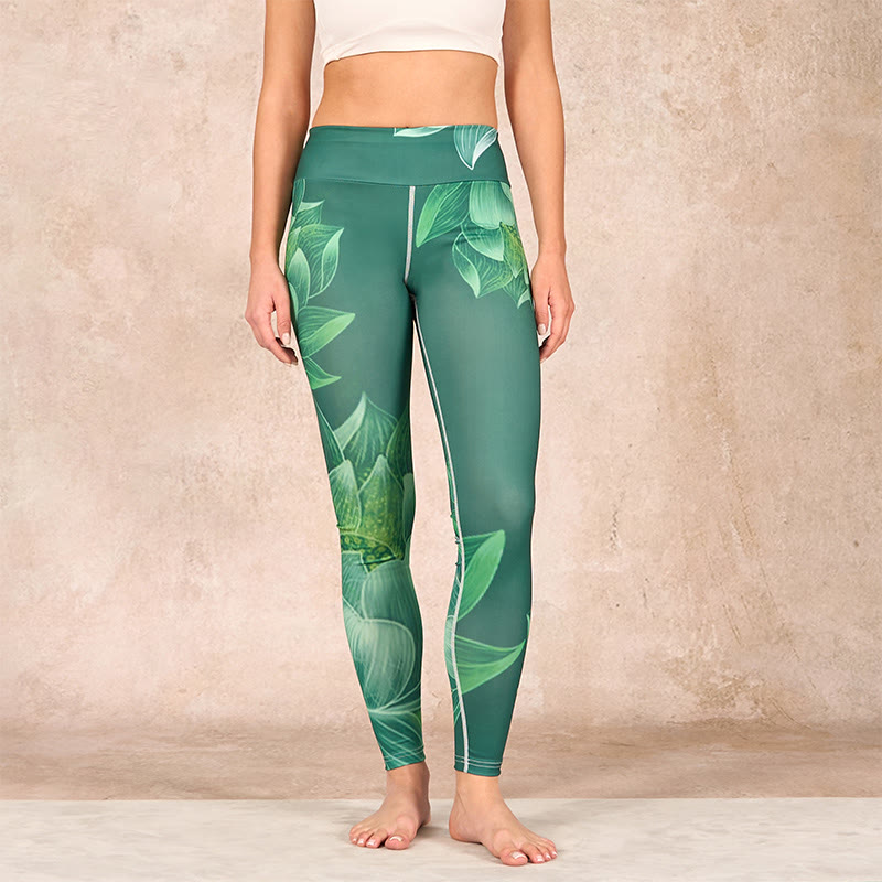 Buddha Stones Dark Green Lotus Flower Leaf Print Gym Fitness Leggings Women's Yoga Pants - image 1