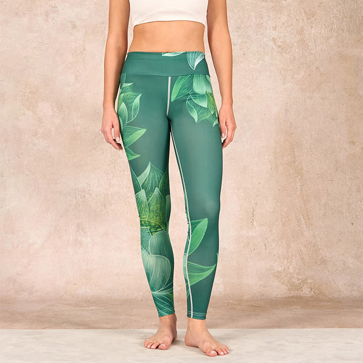 Buddha Stones Dark Green Lotus Flower Leaf Print Gym Fitness Leggings Women's Yoga Pants - image 1
