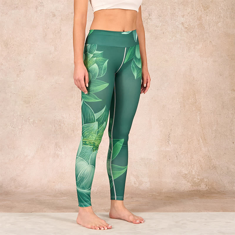 Buddha Stones Dark Green Lotus Flower Leaf Print Gym Fitness Leggings Women's Yoga Pants - image 2