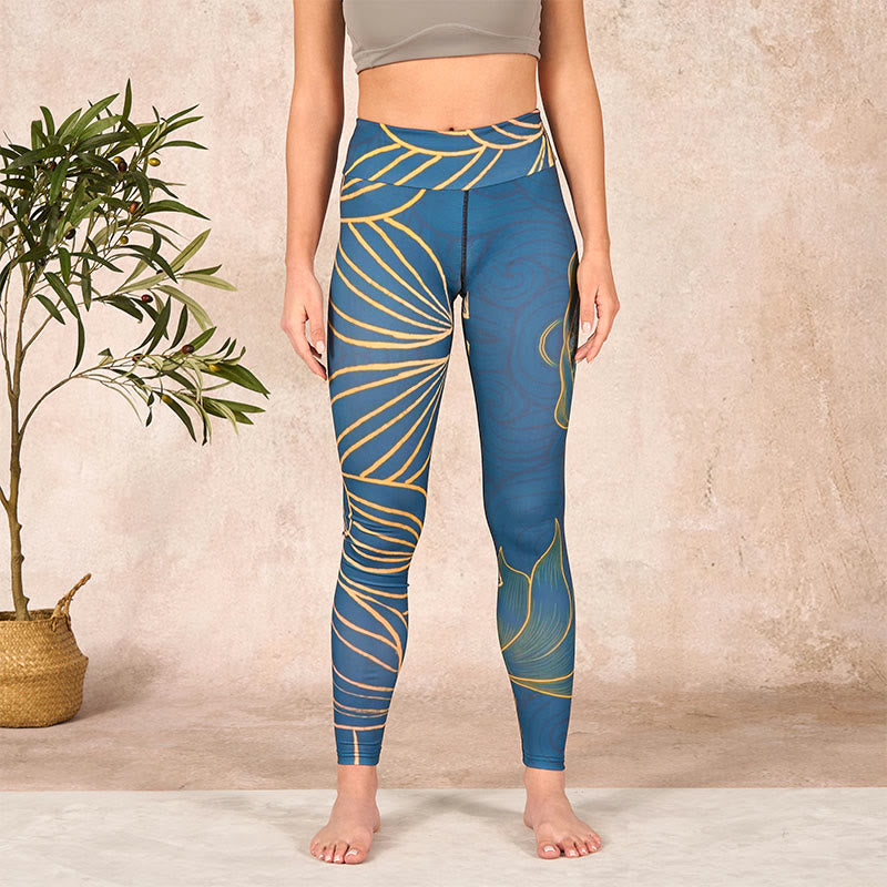 Buddha Stones Gray Golden Koi Fish Lotus Print Gym Leggings Women's Yoga Pants - image 1