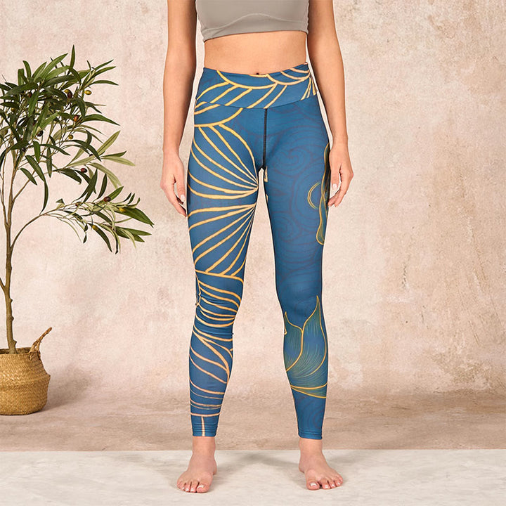 Buddha Stones Gray Golden Koi Fish Lotus Print Gym Leggings Women's Yoga Pants - image 1