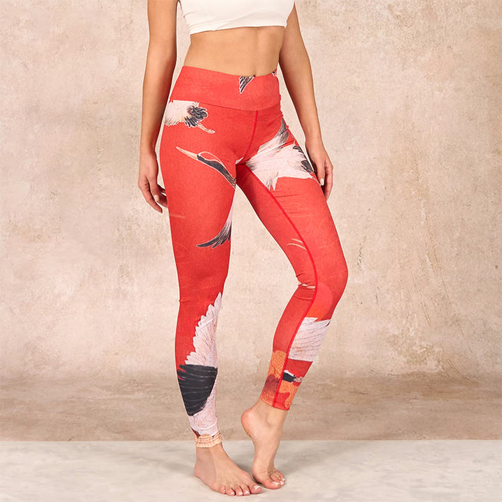 Buddha Stones Crane Print Lycra Fabric Fitness Leggings Women's Yoga Pants - Crimson - US18，UK/AU22，EU50 (4XL) - image 0