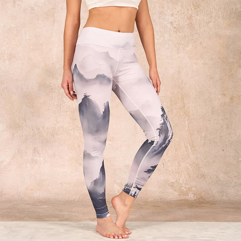 Buddha Stones Splash-ink Landscape Painting Print Fitness Leggings Women's Yoga Pants - Ink Landscape - US18，UK/AU22，EU50 (4XL) - image 0