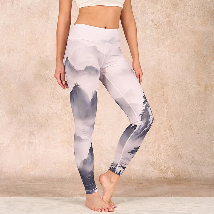 Buddha Stones Splash-ink Landscape Painting Print Fitness Leggings Women's Yoga Pants - Ink Landscape - US18，UK/AU22，EU50 (4XL) - image 0