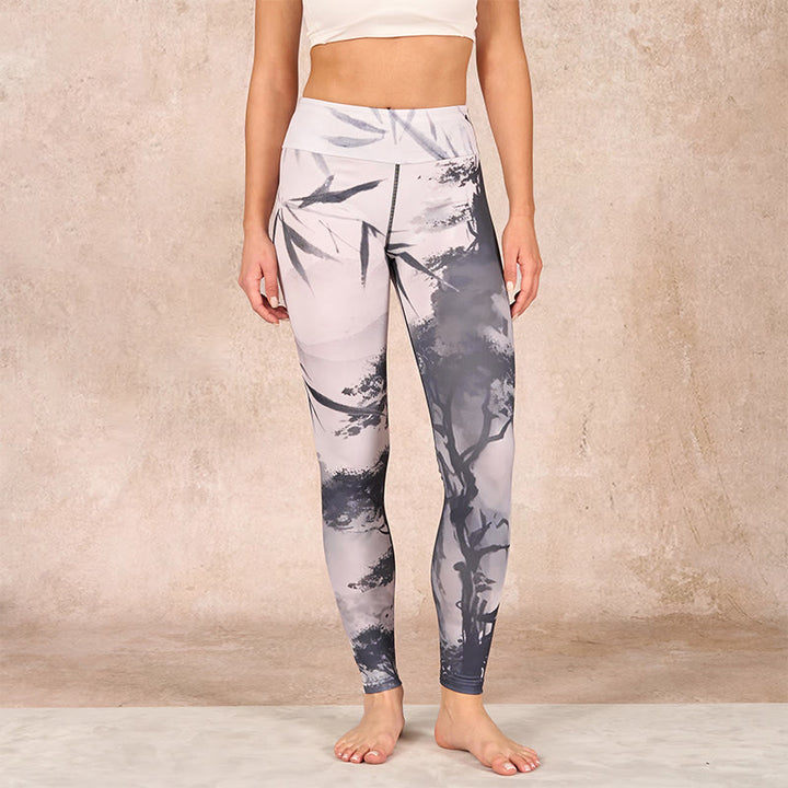 Buddha Stones Ink Bamboo Pine Mountains Print Gym Leggings Women's Yoga Pants - image 1