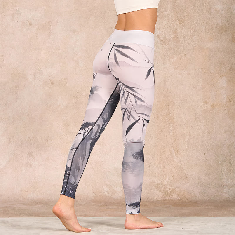 Buddha Stones Ink Bamboo Pine Mountains Print Gym Leggings Women's Yoga Pants - image 3
