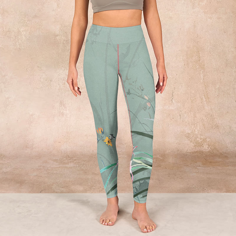 Buddha Stones White Pink Orchids Leaves Print Gym Leggings Women's Yoga Pants - image 1