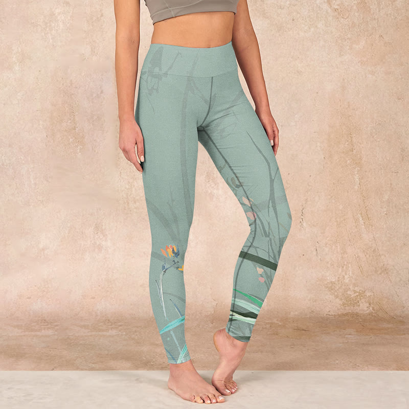 Buddha Stones White Pink Orchids Leaves Print Gym Leggings Women's Yoga Pants - MediumAquamarine - US18，UK/AU22，EU50 (4XL) - image 0