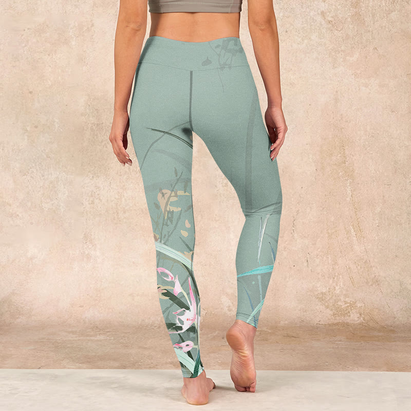 Buddha Stones White Pink Orchids Leaves Print Gym Leggings Women's Yoga Pants - image 14