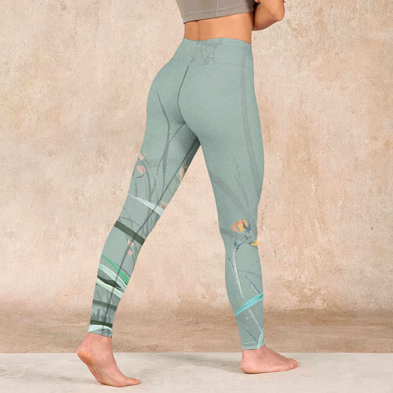 Buddha Stones White Pink Orchids Leaves Print Gym Leggings Women's Yoga Pants - image 4