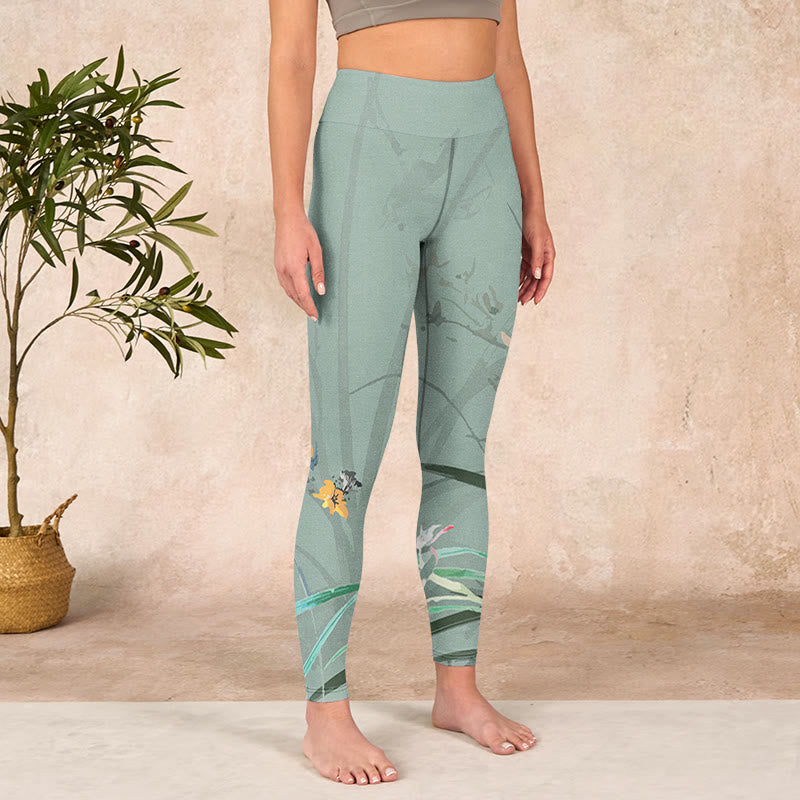 Buddha Stones White Pink Orchids Leaves Print Gym Leggings Women's Yoga Pants - image 3