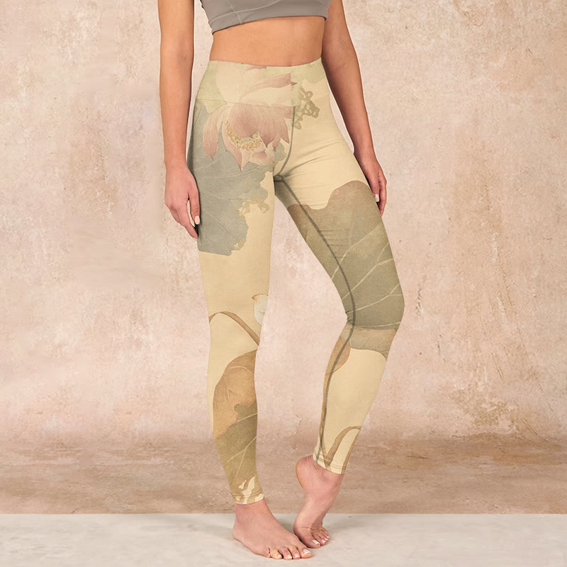 Buddha Stones Lotus Flowers Leaves Print Gym Leggings Women's Yoga Pants - PaleGoldenrod - US18，UK/AU22，EU50 (4XL) - image 0