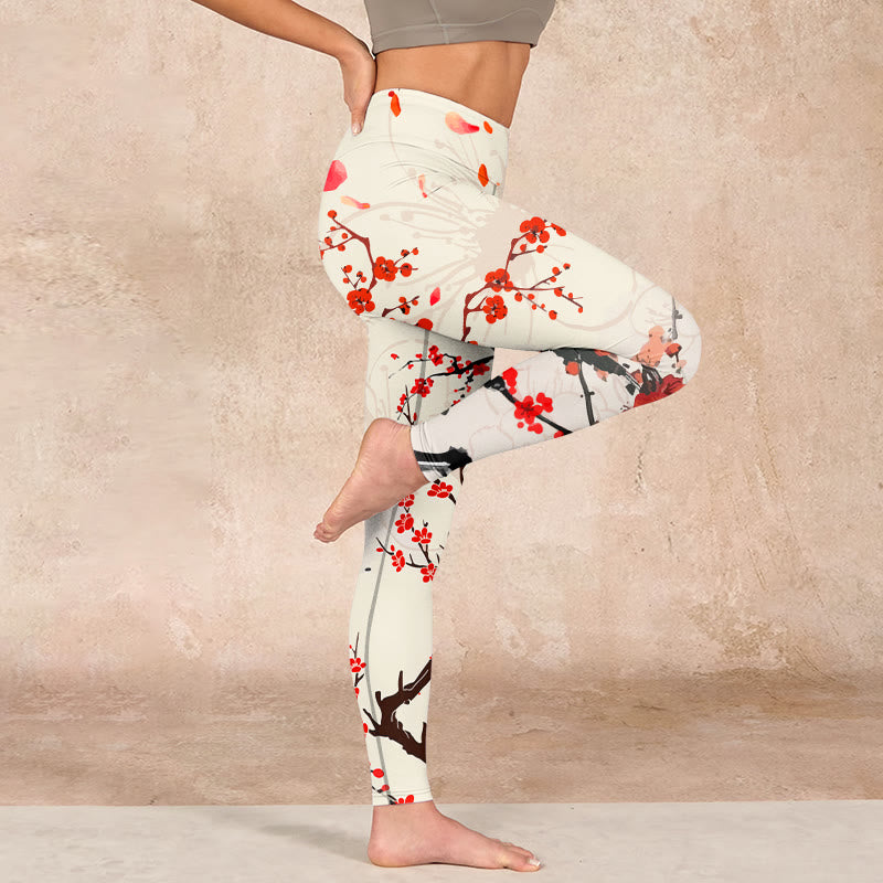 Buddha Stones Blooming Red Plum Blossoms Print Gym Leggings Women's Yoga Pants - image 15