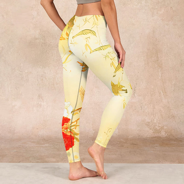 Buddha Stones Light Yellow Peony Flowers Birds Print Sports Leggings Women's Yoga Pants - image 2