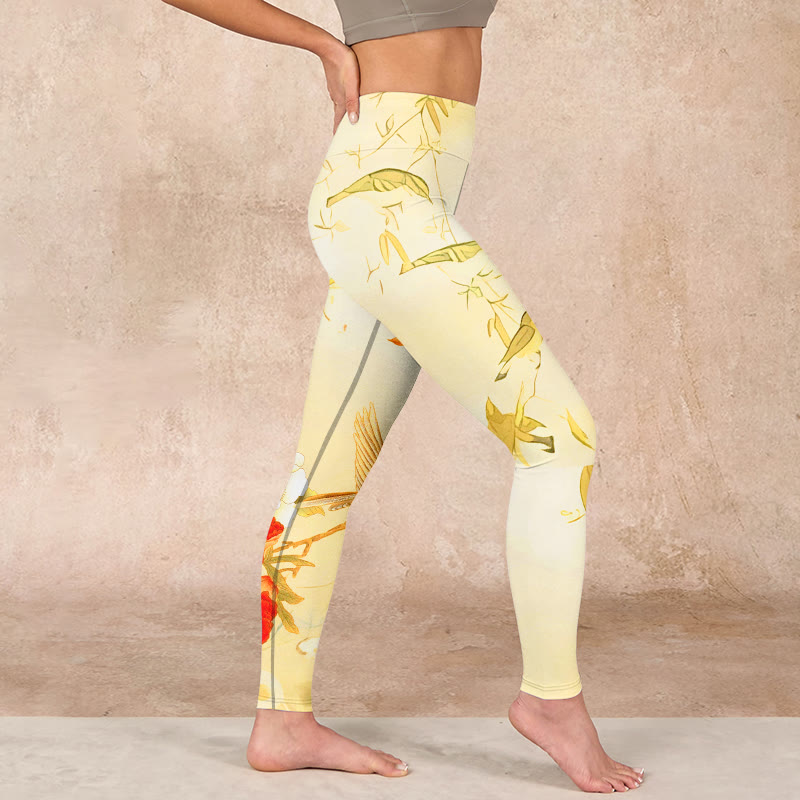 Buddha Stones Light Yellow Peony Flowers Birds Print Sports Leggings Women's Yoga Pants - image 16