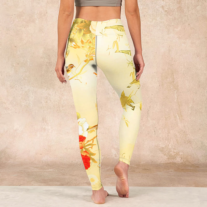Buddha Stones Light Yellow Peony Flowers Birds Print Sports Leggings Women's Yoga Pants - image 14