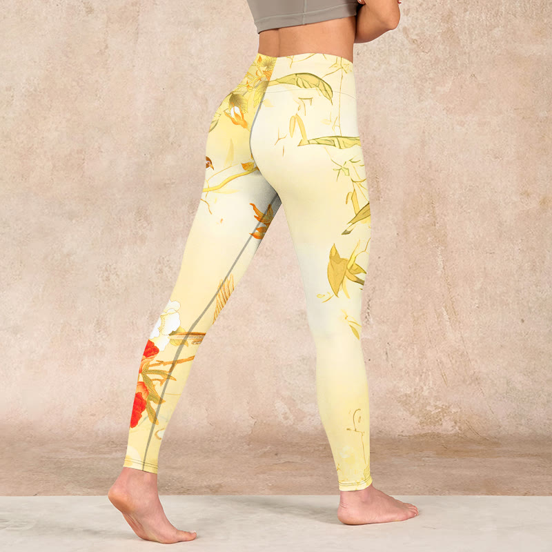Buddha Stones Light Yellow Peony Flowers Birds Print Sports Leggings Women's Yoga Pants - image 4