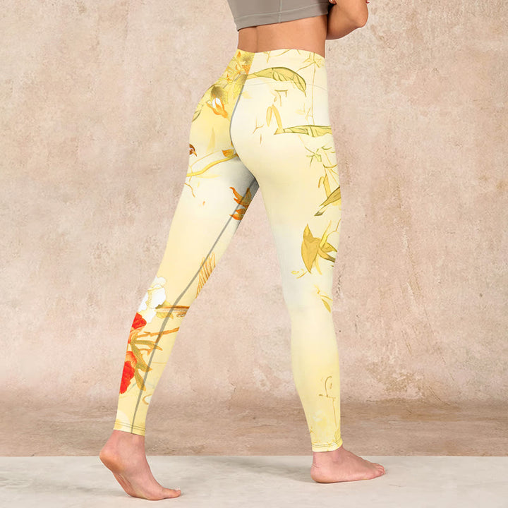 Buddha Stones Light Yellow Peony Flowers Birds Print Sports Leggings Women's Yoga Pants - image 4
