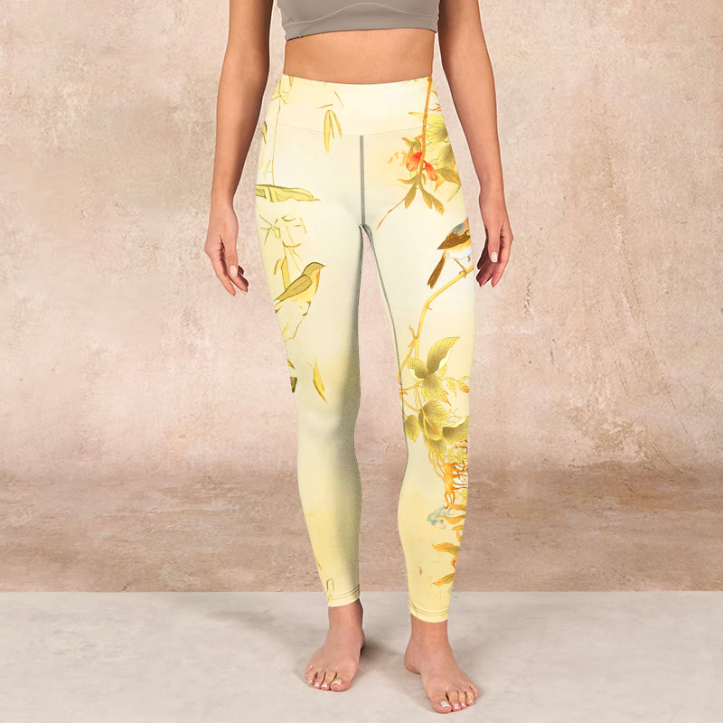 Buddha Stones Light Yellow Peony Flowers Birds Print Sports Leggings Women's Yoga Pants - image 1