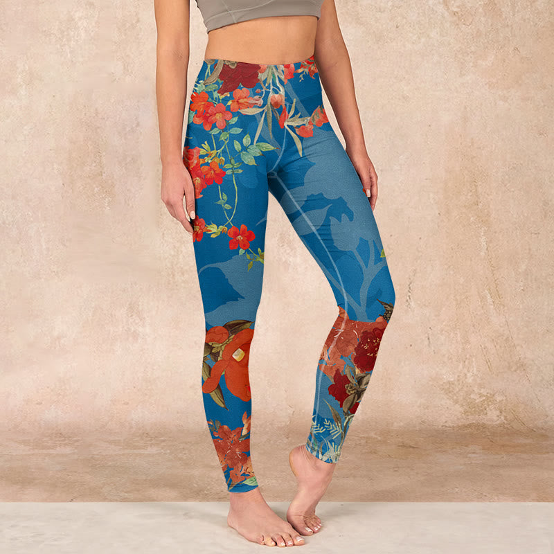 Buddha Stones Blue Red Flowers Birds Print Gym Leggings Women's Yoga Pants - SteelBlue - US18，UK/AU22，EU50 (4XL) - image 0