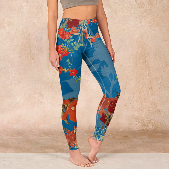 Buddha Stones Blue Red Flowers Birds Print Gym Leggings Women's Yoga Pants - SteelBlue - US18，UK/AU22，EU50 (4XL) - image 0