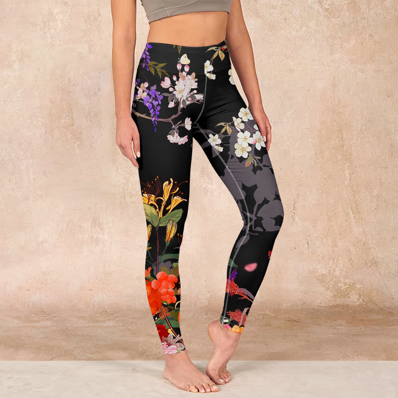 Buddha Stones Black Colorful Flowers Print Gym Leggings Women's Yoga Pants - Black - US18，UK/AU22，EU50 (4XL) - image 0